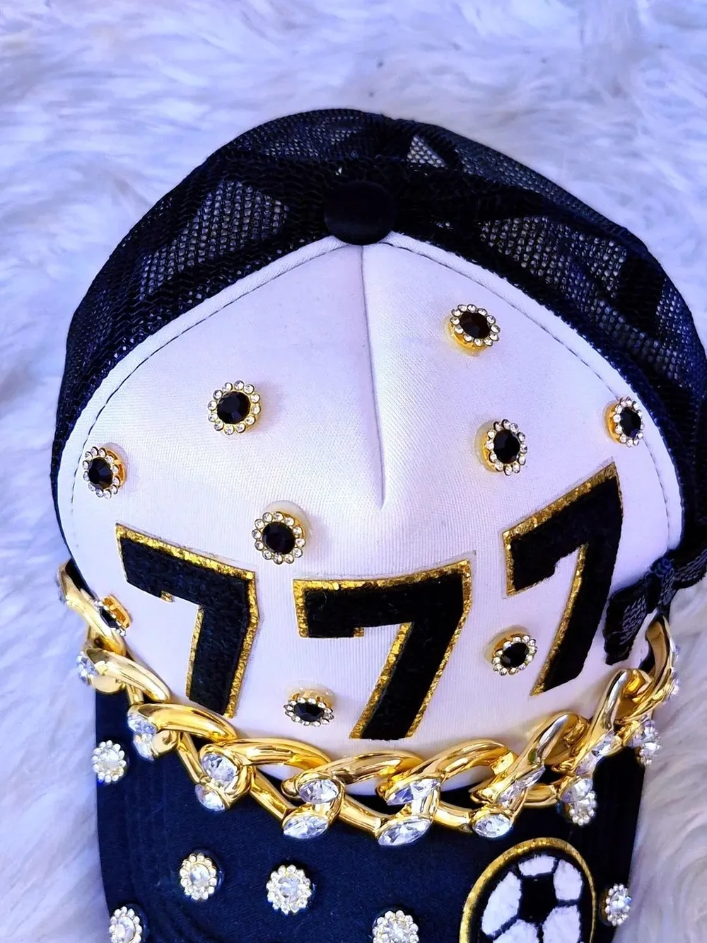 Embellished Black & White '77' Baseball Cap with Gold Chain